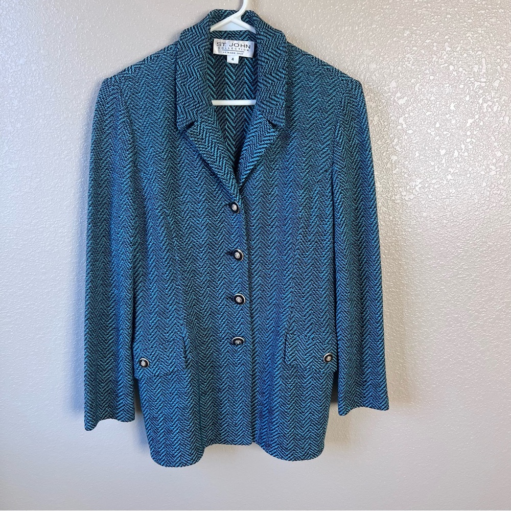 St John Collection Herringbone Knit Jacket Blazer Teal Black Button Front Size 4